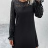 Women's Dress Contrast Mesh Flare Sleeve Tunic Dress - Casual Short Dress with Flare Sleeves and Contrast Mesh Details Dress