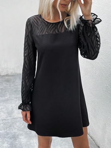 Women's Dress Contrast Mesh Flare Sleeve Tunic Dress - Casual Short Dress with Flare Sleeves and Contrast Mesh Details Dress