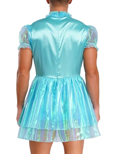 Womens Shiny Satin Maid Dress Short Puff Sleeve Frilly A-line Mini Dress Cosplay Costume