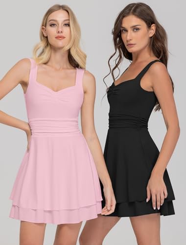 Women's Square Neck Sleeveless Mini Dress Ruched Waist Tiered Ruffle Hem A Line Short Dresses