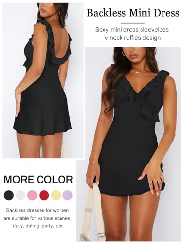 Women's Sexy V Neck Sleeveless Backless Ruffles Dress for Women Elegant Mesh Party Fitted Cocktail Mini Dresses