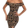 Women's Dress Black Geo Print Off Shoulder Split Hem Bodycon Dress, Casual Geometric Pattern Short Dress for Women, Pencil Hem