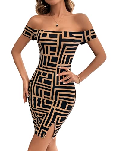 Women's Dress Black Geo Print Off Shoulder Split Hem Bodycon Dress, Casual Geometric Pattern Short Dress for Women, Pencil Hem