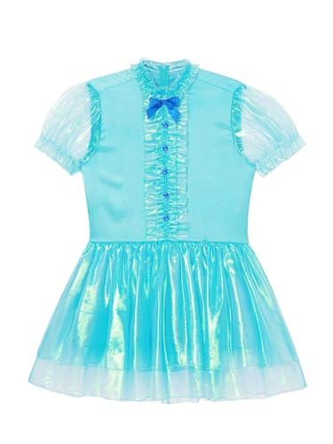 Womens Shiny Satin Maid Dress Short Puff Sleeve Frilly A-line Mini Dress Cosplay Costume