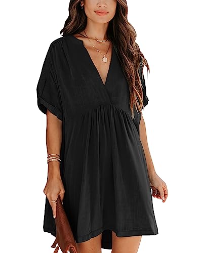 Women's Babydoll Short Sleeve Tunic Dress V Neck Cute Casual Loose Dresses