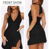 Women Sexy Halter Deep V Neck Ruched Bodycon Dress Summer Side Slit Mesh Hem Cocktail Club Party Short Mini Dresses