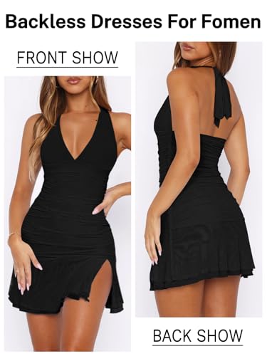 Women Sexy Halter Deep V Neck Ruched Bodycon Dress Summer Side Slit Mesh Hem Cocktail Club Party Short Mini Dresses