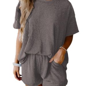 Two 2 Piece Sets for Women Short Sleeve Shirts High Waisted Shorts with Pockets Pajamas Lounge Matching Set