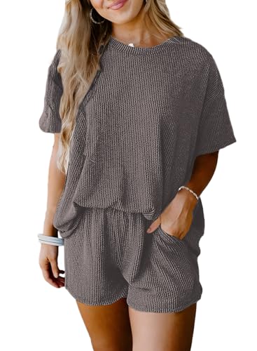 Two 2 Piece Sets for Women Short Sleeve Shirts High Waisted Shorts with Pockets Pajamas Lounge Matching Set