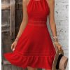 Women's Contrast Lace Sleeveless Halter Dress Backless Vacation A Line Dress