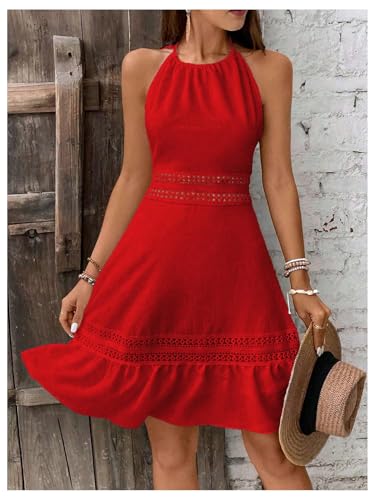 Women's Contrast Lace Sleeveless Halter Dress Backless Vacation A Line Dress