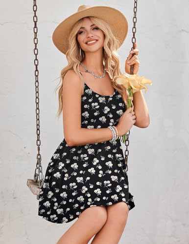 Women's Summer Dress Adjustable Spaghetti Strap Floral Mini Casual Dress with Pockets Fit & Flare Beach Sundress