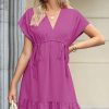 Womens Summer Dresses 2025 Short Sleeve V Neck Empire Waist Drawstring Casual Ruffle A-Line Swing Mini Babydoll Dress