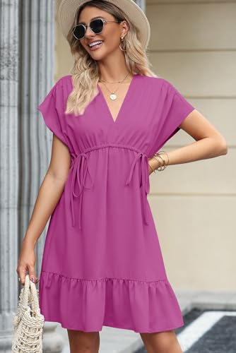 Womens Summer Dresses 2025 Short Sleeve V Neck Empire Waist Drawstring Casual Ruffle A-Line Swing Mini Babydoll Dress