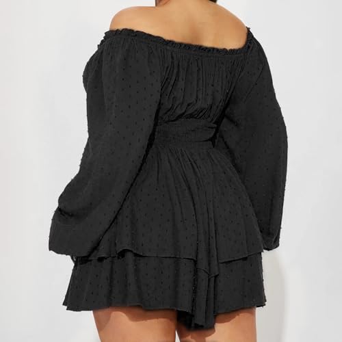 Women Plus Size Rompers Playsuits Swiss Dot Boat Neck Off Shoulder Long Sleeve Short Jumpsuits