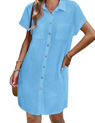 Women's Summer Dress 2025 Cotton Button Down Short Sleeve Tshirt Dresses Casual Flowy V Neck Loose Mini Beach Dress