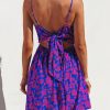 Women's Mini Dress Floral Twisted V Neck Sleeveless Short Dress Pleated Self Tie Back Mini Dress