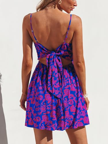 Women's Mini Dress Floral Twisted V Neck Sleeveless Short Dress Pleated Self Tie Back Mini Dress