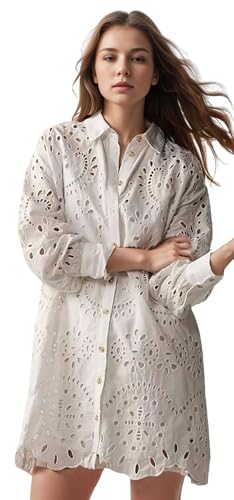 Women Eyelet Lace Dress Button Down Shirt Loose Fit Summer Casual Mini Dress