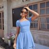 Women's Sexy Square Neck Short Sleeve Ruched Tiered Ruffle Hem Flowy Club Party Mini Dress