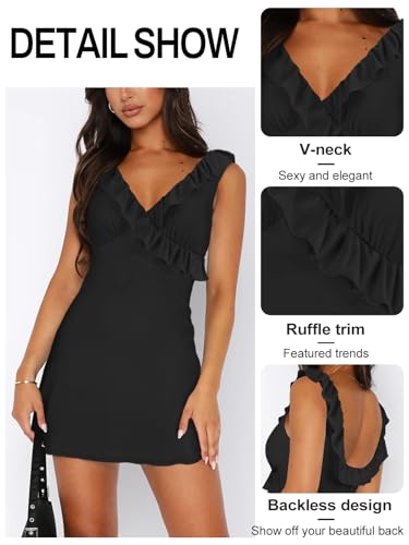 Women's Sexy V Neck Sleeveless Backless Ruffles Dress for Women Elegant Mesh Party Fitted Cocktail Mini Dresses