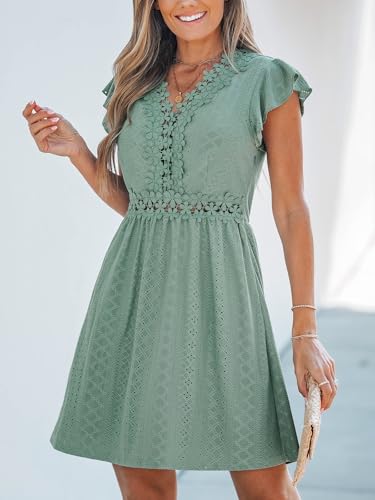 Summer Dress for Women Casual Spring V Neck Lace Appliques Cap Sleeves Hollow Out Beach Mini Dress