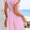 Women's Mini Dress V Neck Flutter Sleeve Striped Smocked Waist A Line Short Summer Cocktail Dress