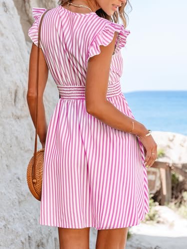 Women's Mini Dress V Neck Flutter Sleeve Striped Smocked Waist A Line Short Summer Cocktail Dress