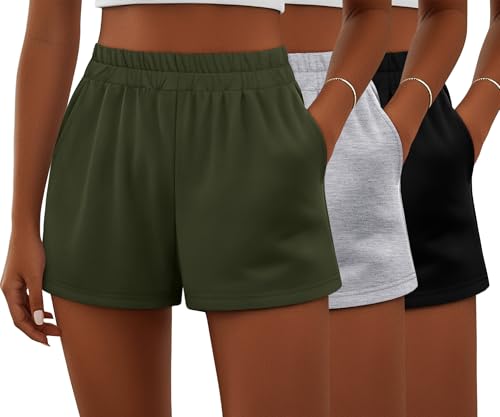 3 Pack Women's Sweat Shorts, Elastic High Waist Casual Summer Lounge Cotton Comfy Athletic Shorts with Pockets
