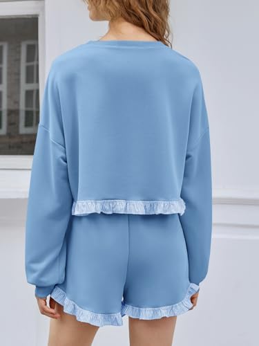 Women's 2 Piece Lounge Sets Ruffle Color Block Cropped Sweatshirts Casual Drawstring Shorts Fall Loose Sweatsuits