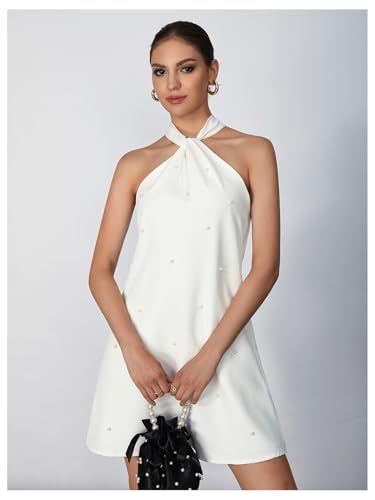 Women's Pearl Beaded Halter Twist Sleeveless Tie Back Dress A Line Dress