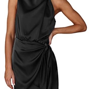 Women's Short Formal Satin Dress Summer Sleeveless Mock Neck Tie Waist Cocktail Party Dresses
