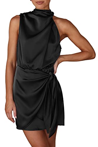 Women's Short Formal Satin Dress Summer Sleeveless Mock Neck Tie Waist Cocktail Party Dresses