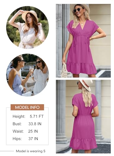 Womens Summer Dresses 2025 Short Sleeve V Neck Empire Waist Drawstring Casual Ruffle A-Line Swing Mini Babydoll Dress