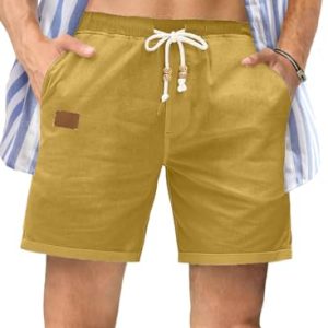 Mens Casual 5"/ 7" Cotton Linen Shorts - Elastic Waist Drawstring Summer Beach Shorts with Pockets