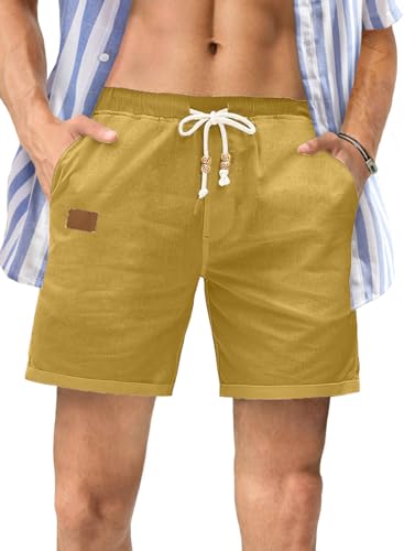 Mens Casual 5"/ 7" Cotton Linen Shorts - Elastic Waist Drawstring Summer Beach Shorts with Pockets