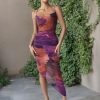 Women's Tie Dye Cowl Neck Split Hem Bodycon Cami Dress Backless Long Dresses