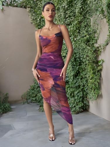 Women's Tie Dye Cowl Neck Split Hem Bodycon Cami Dress Backless Long Dresses
