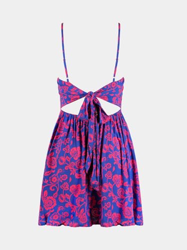 Women's Mini Dress Floral Twisted V Neck Sleeveless Short Dress Pleated Self Tie Back Mini Dress