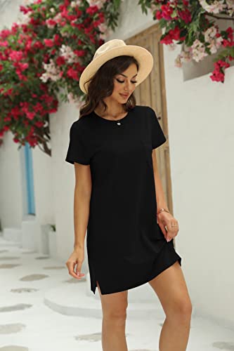 Women T Shirt Dress Summer Fashion Mini Dress Crew Neck Short Sleeve Dress Solid Color Casual Dress with Pocket