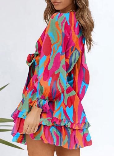 Womens Casual Spring Summer 2025 Deep V Neck Knotted Tiered Chiffon Elegant Mini Short Swing Skater Dresses