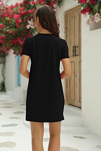 Women T Shirt Dress Summer Fashion Mini Dress Crew Neck Short Sleeve Dress Solid Color Casual Dress with Pocket