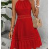 Women's Contrast Lace Sleeveless Halter Dress Backless Vacation A Line Dress