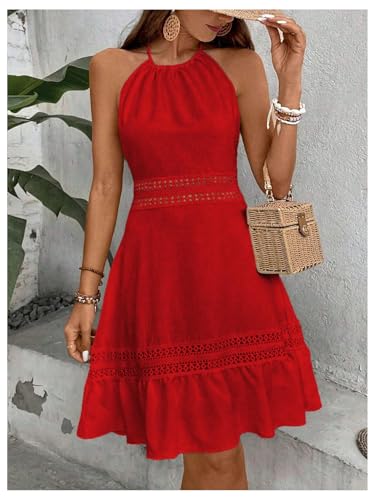 Women's Contrast Lace Sleeveless Halter Dress Backless Vacation A Line Dress