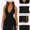 Women Sexy Halter Deep V Neck Ruched Bodycon Dress Summer Side Slit Mesh Hem Cocktail Club Party Short Mini Dresses