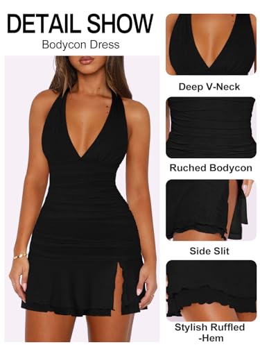 Women Sexy Halter Deep V Neck Ruched Bodycon Dress Summer Side Slit Mesh Hem Cocktail Club Party Short Mini Dresses