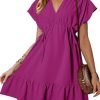 Womens Summer Dresses 2025 Short Sleeve V Neck Empire Waist Drawstring Casual Ruffle A-Line Swing Mini Babydoll Dress