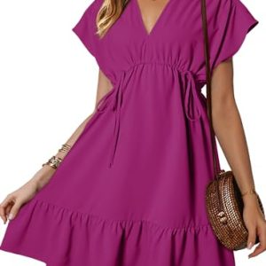Womens Summer Dresses 2025 Short Sleeve V Neck Empire Waist Drawstring Casual Ruffle A-Line Swing Mini Babydoll Dress