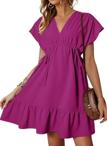 Womens Summer Dresses 2025 Short Sleeve V Neck Empire Waist Drawstring Casual Ruffle A-Line Swing Mini Babydoll Dress