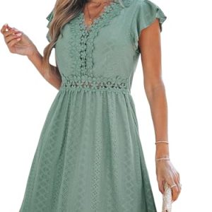 Summer Dress for Women Casual Spring V Neck Lace Appliques Cap Sleeves Hollow Out Beach Mini Dress